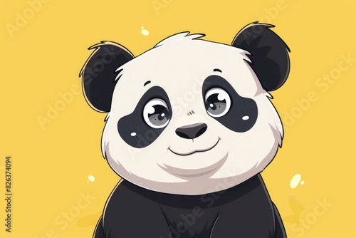 Digital illustration of an adorable smiling cartoon panda with a vibrant yellow backdrop