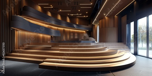 Modern Wood Slat Auditorium with Empty Stage and Stepped Seating