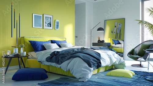 chic bedroom with lemon-lime walls, cobalt blue accessories, and modern furnishings to create a youthful and vibrant space