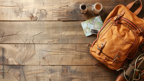 A map of Europe with travel accessories and backpack on wooden table, top view. 