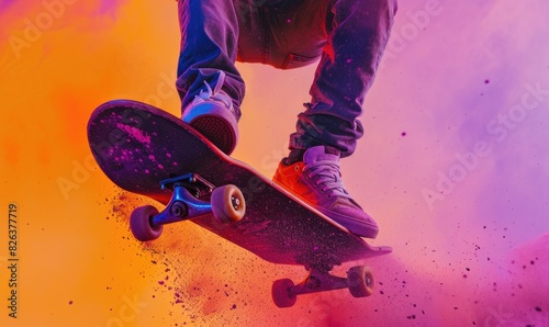 A man skater doing kickflip on skateboard, colorful background