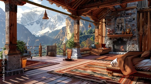 luxurious bedroom with a Himalayan retreat theme, featuring warm wooden architecture, Tibetan rugs, and a stone fireplace