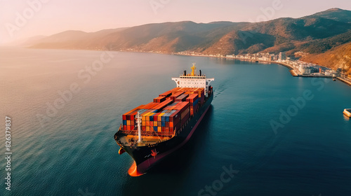 A vibrant image of a cargo ship loaded with containers sailing close to a coastal city under a clear sky