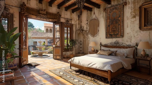 luxurious bedroom with a Spanish hacienda theme, including terracotta tiles, rustic wooden beams, and wrought iron details