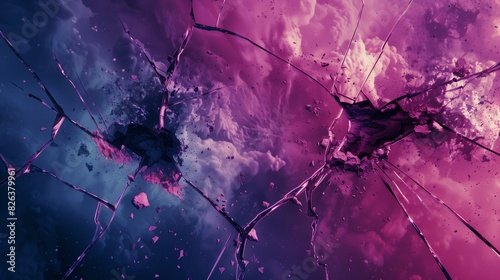 A dynamic, high-energy scene of a cracked, shattered surface merging with deep grunge textures, set against a backdrop of intense magenta and indigo colors.
