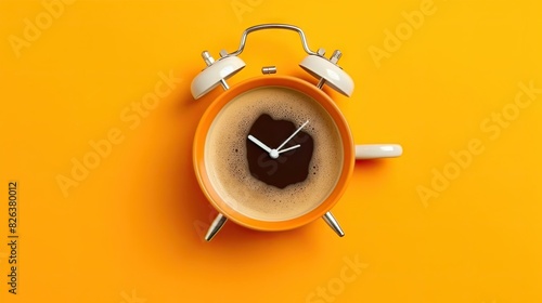 Creative presentation of time concept with a coffee cup and a clock face on an orange background