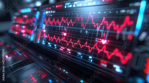Closeup of an ECG machine displaying abnormal heart rhythms associated with heart failure, detailed screen, high-tech design, Hyper-Realistic, Medical Scene