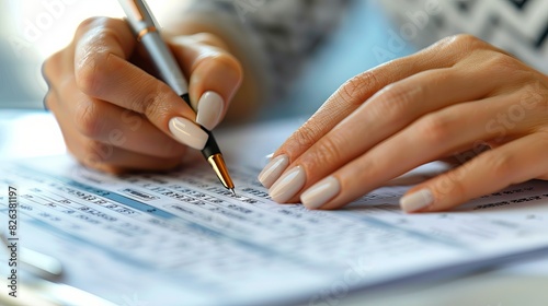Close up of a woman's hands with a great manicure working on a financial statement, a table filled with numbers and charts. 