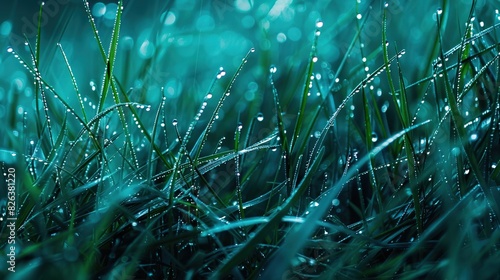 A close-up photograph of grass with dew on it. The grass and dew are a bright aqua color, and the background is slightly darker 