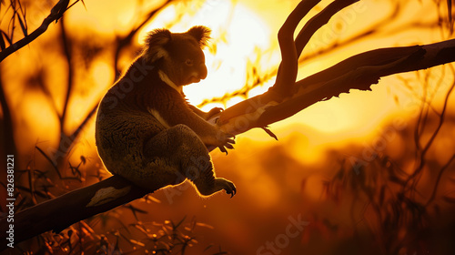 A solitary koala sitting on a tree branch during sunrise, with a beautiful, warm orange glow in the background