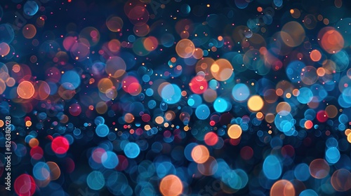 A dark blue background with many small, blurry circles of light in shades of red, orange, yellow, green, blue, and purple. 