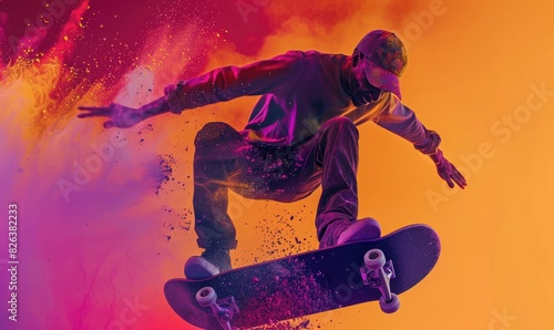 A man skater doing kickflip on skateboard, colorful background