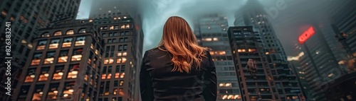Woman with long hair stands in front of illuminated skyscrapers at night, contemplating the cityscape under a cloudy sky.