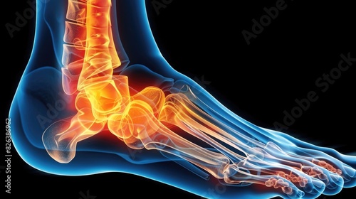 X-ray image. 3D illustration of human foot bones.