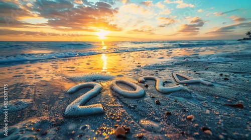 New Year concept, written "2024" on the beach with sunset sky background.