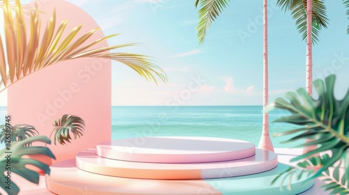 A pink and blue stage with palm trees and a blue ocean in the background