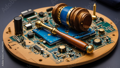 A gavel resting on a computer circuit board.