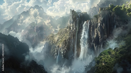 Towering waterfall in a mountainous region 
