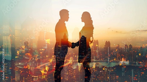 Two business people shaking hands with silhouettes of different sizes and male, female figures in the background against cityscape. Conceptual banner for human resources orailer wildlife photography, 
