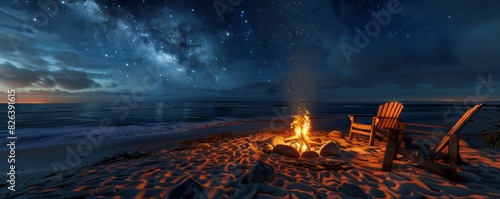 Serene beach bonfire under starry sky