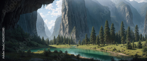 Fantastic landscape. View from the caves. Green alpine valleys. Rocky mountains. Rocks rising into the sky. Mountain river and lake. Dense forest. Bright sunny day. Mountain background in haze.