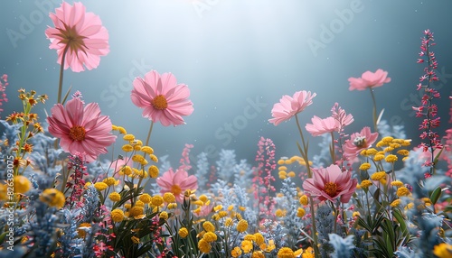 Vibrant pink and yellow wildflowers bloom in a field bathed in sunlight.