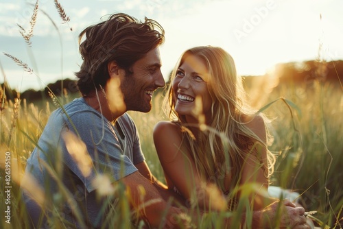 Two people enjoy a joyful moment together, laughing amidst tall wheat grass with a sunset backdrop