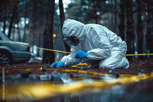 Forensic investigator in protective suit crouched over, examining evidence at a crime scene in a wooded area