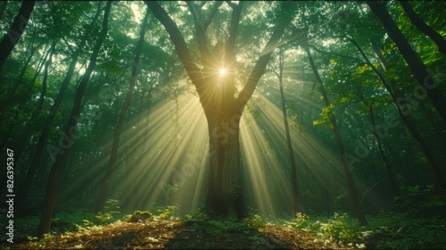 Illustrate a dense forest illuminated by the warm light of a hidden sun, with shafts of light filtering through the