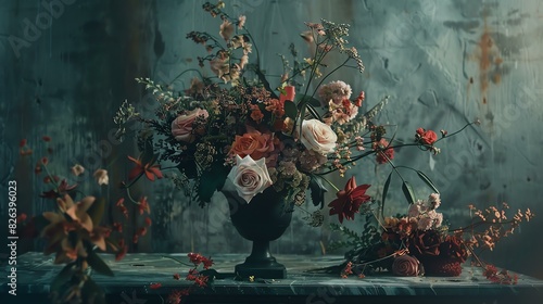 A beautiful bouquet of flowers in a vase. The flowers are mostly pink, white, and red, with some green foliage. The vase is sitting on a marble table.