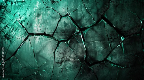 An abstract, high-definition vision of a cracked, shattered surface merged with deep grunge textures, highlighted by striking emerald and turquoise hues.
