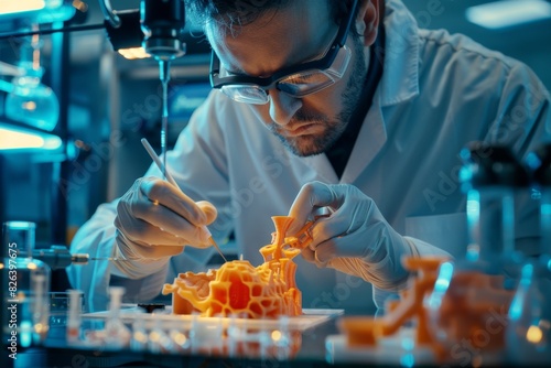 An organ creator working meticulously on a 3D-printed organ in a high-tech lab, demonstrating precision and innovation