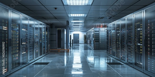 Server room with rows of server racks containing multiple server blades