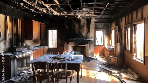 Severe damage in a kitchen after a fire with burned interiors and snow highlighting the catastrophe and recovery efforts