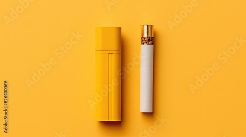 A bright yellow cosmetic spray bottle next to a cigarette on a yellow background