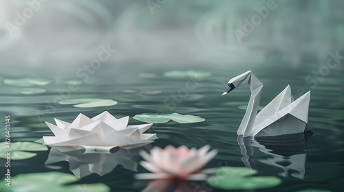 Graceful origami swan set against a serene lake with lily pads and soft ripples creating a peaceful and tranquil atmosphere.