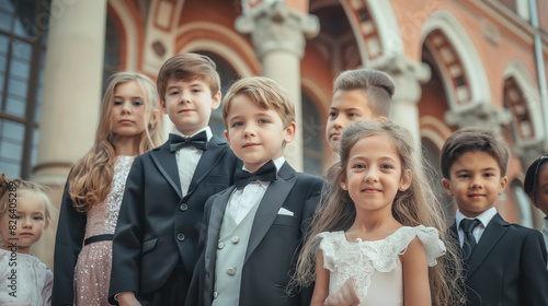 Group of formally dressed children posing together, looking elegant for a special event