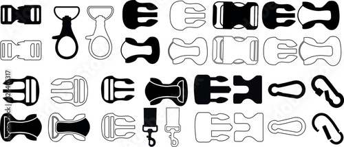 Plastic buckle vector set. Various quick release buckles, strap. Ideal for straps, backpacks, outdoor gear