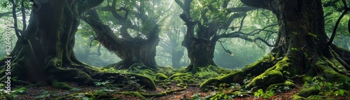 Ancient forest with towering old-growth trees, rich underbrush, and a mystical atmosphere, perfect for fantasy and adventure concepts, isolated white background.