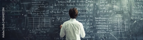 A man in a white shirt writing complex equations on a blackboard, viewed from behind with his full body visible. There is lots of space around the figure for copy and text, with a blurred background.