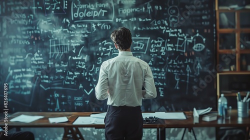 A teacher writing complex equations on the blackboard while looking at students, seen from behind with an out of focus background. The chalk board is filled with mathematical formulas and symbols. A h