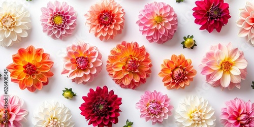 Colorful dahlia and cynicism flowers on white background. Flat lay, top view