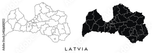 Latvia map of city regions districts vector black on white and outline