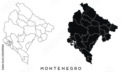 Montenegro map of city regions districts vector black on white and outline