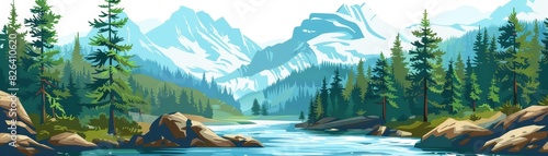 Mountain river with fast-flowing water, rocky banks, and surrounding pine trees, perfect for adventure and outdoor themes, isolated background for easy use.