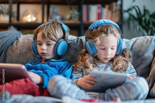 Two young children are sitting on the couch using tablets with headphones, engrossed in their digital activities