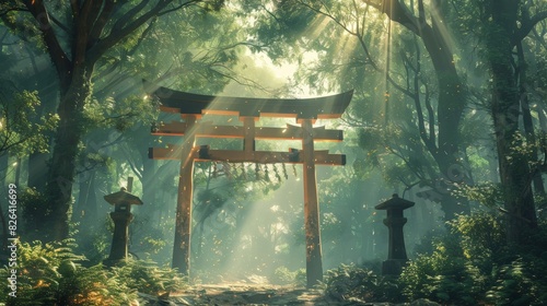 A Shinto shrine set within a forest, featuring the distinctive torii gate at the entrance, with sunlight filtering through the trees.