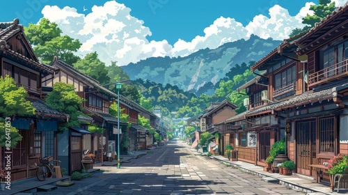 An illustration of a historic Japanese village with narrow streets, traditional houses, and locals in traditional attire going about their day.