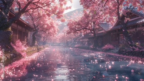 A digital artwork capturing the sakura season, with cherry blossom trees in full bloom lining a river, petals gently floating in the air.