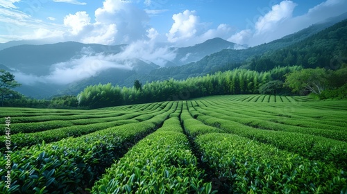 A tranquil landscape featuring a Japanese tea plantation with neatly arranged rows of tea bushes stretching into the distance.